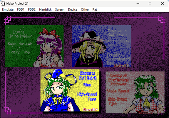 Character select screen showing all four girls marked as cleared