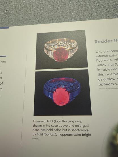Didactic of a ruby rub ring in normal light and then under short wave ultraviolet UV C where the ruby is fluorescing bright red.