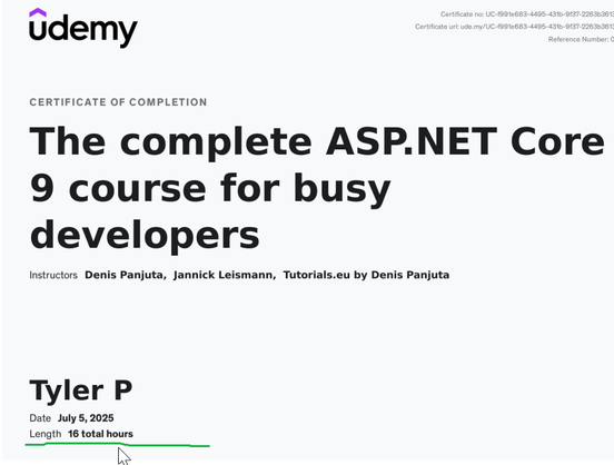 certification title screen for asp.net core 9 udemy course