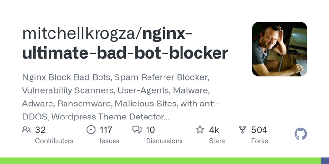 Nginx Block Bad Bots, Spam Referrer Blocker, Vulnerability Scanners, User-Agents, Malware, Adware, Ransomware, Malicious Sites, with anti-DDOS, Wordpress Theme Detector Blocking and Fail2Ban Jail f...