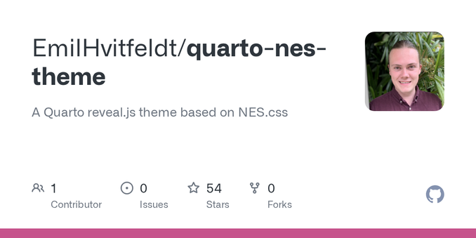 A Quarto reveal.js theme based on NES.css. Contribute to EmilHvitfeldt/quarto-nes-theme development by creating an account on GitHub.