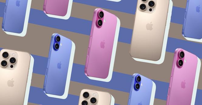Various models of iPhone 16 with a graphic background.