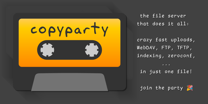 Portable file server with accelerated resumable uploads, dedup, WebDAV, FTP, TFTP, zeroconf, media indexer, thumbnails++ all in one file, no deps - 9001/copyparty