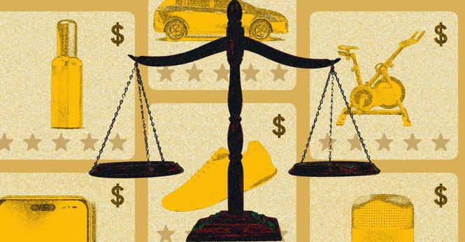 A set of justice scales in front of a background of various ads for products.