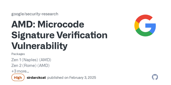 ### Summary
Google Security Team has identified a security vulnerability in some AMD Zen-based CPUs. This vulnerability allows an adversary with local administrator privileges (ring 0 from outside...
