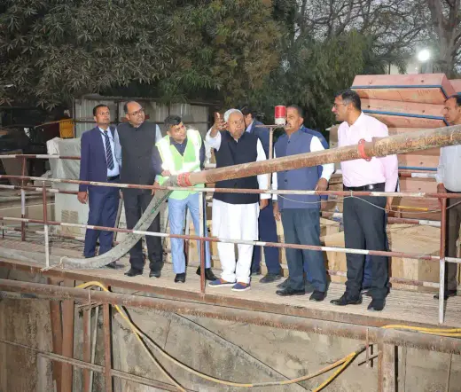 Chief Minister Nitish Kumar during his on-site inspection of the ongoing construction work under the Patna Metro Rail Project.