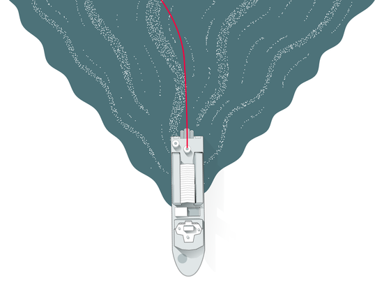 An illustration of a cable laying ship seen from above.