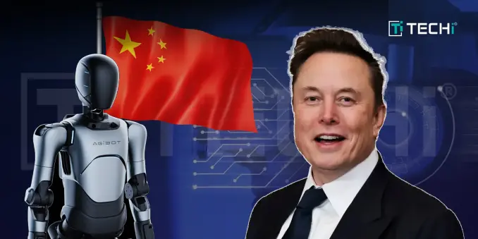 Agibot humanoid robot alongside Elon Musk with the Chinese flag in the background, symbolizing China’s competition with Tesla’s Optimus in the robotics race.