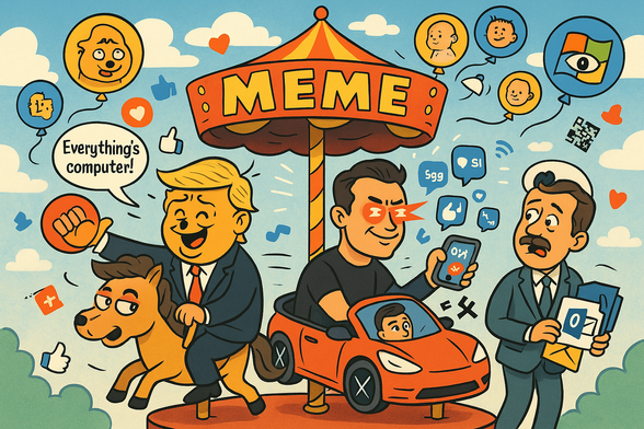 Cartoon / Illustration mit Musk, Trump und einem EU-Politiker