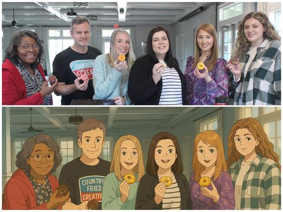 Our marketing agency staff in real life (top image) and their AI personas (bottom image). Image by Country Fried AI