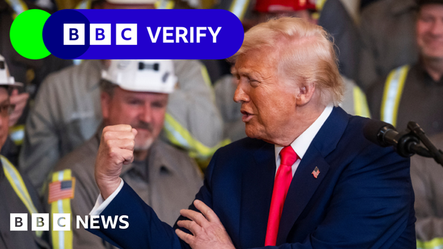 President Trump forming a first with his right hand while holding his bicep with his left hand. Behind him is a group of American coalminers. The BBC Verify logo has been placed in the top left corner of the image. President Trump forming a first with his right hand while holding his bicep with his left hand. Behind him is a group of American coalminers. The BBC Verify logo has been placed in the top left corner of the image.