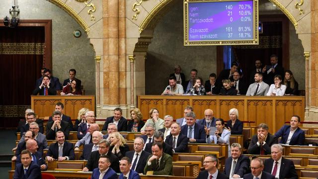 Hungary’s parliament has passed an amendment to the constitution that allows the government to ban public events by LGBTQ+ communities, in Budapest, Hungary, Monday, April 14, 2025. (Robert Hegedus/MTI via AP)