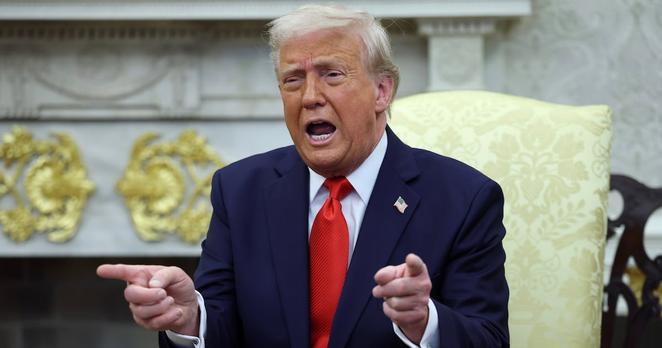 WASHINGTON, DC - APRIL 14: U.S. President Donald Trump gestures as he meets with President Nayib Bukele of El Salvador in the Oval Office of the White House April 14, 2025 in Washington, DC. Trump and Bukele were expected to discuss a range of bilateral issues including the detention of Kilmar Armando Abrego Garcia, who has been held in a prison in El Salvador since March 15.  (Photo by Win McNamee/Getty Images)