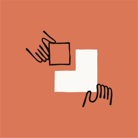 An illustration of two hands holding geometric shapes against an orange background