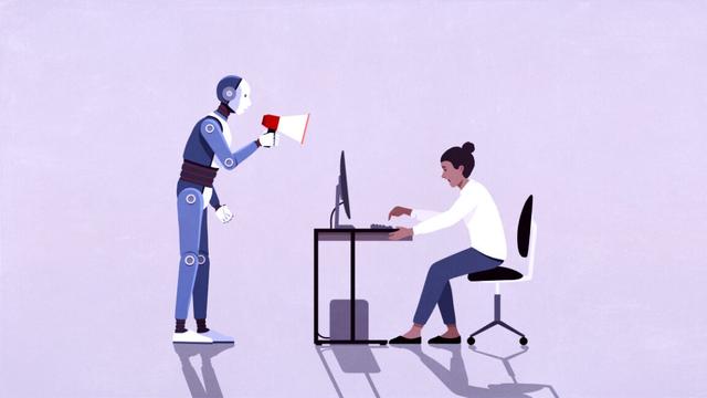 Robot with megaphone yelling at businesswoman working at computer - stock illustration Robot with megaphone yelling at businesswoman working at computer - stock illustration