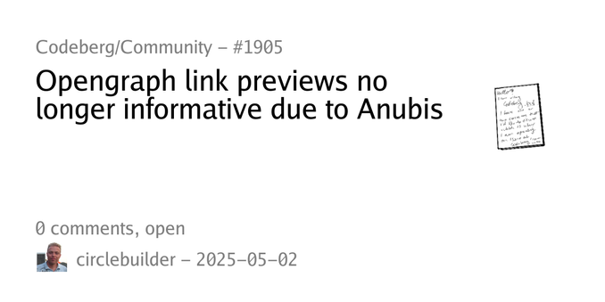 Summary card of an issue titled "Opengraph link previews no longer informative due to Anubis" in repository Codeberg/Community