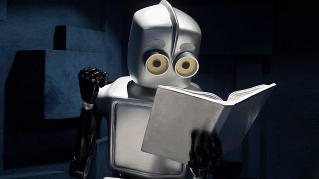 Illustration of studious robot reading a book