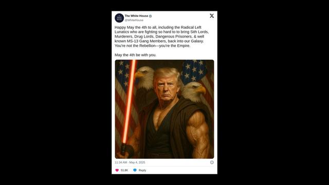 A post from the White House official account shows an image of Trump holding a red lightsaber.