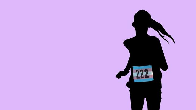 Illustration of a child running with their running number as a trans flag. Illustration of a child running with their running number as a trans flag.