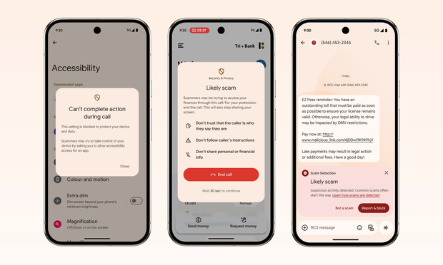 Android 16 security and privacy 2025. Android 16 Security and Privacy 2025. The first image shows in-call scam protections, the second image shows bank app scam warning, and the third one shows scam detection.