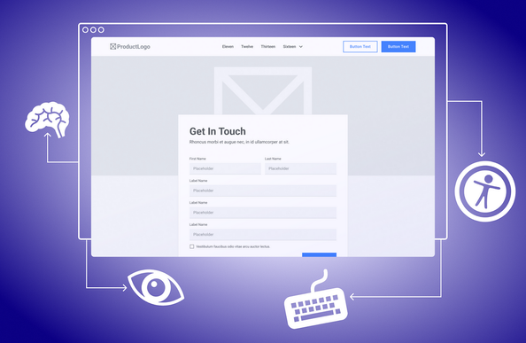 Wireframe design showing icons for accessibility, brain, eye, and keyboard