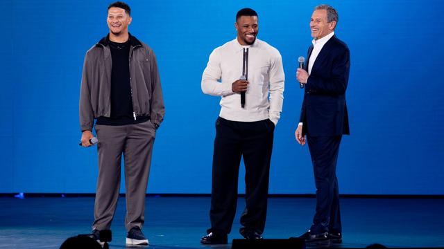 NFL stars Patrick Mahomes and Saquon Barkley made appearances at Disney's upfront with CEO Bob Iger.