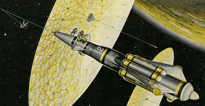 Vintage illustration by Frank Tinsley of a futuristic spaceship powered by a large solar wind sail, 1959. Screen print.
