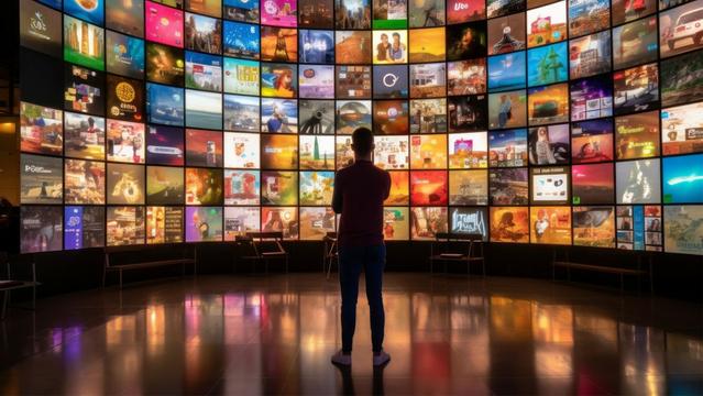 Wall of advertising screens. Background with selective focus and copy space. AI generated Wall of advertising screens. Background with selective focus and copy space. AI generated