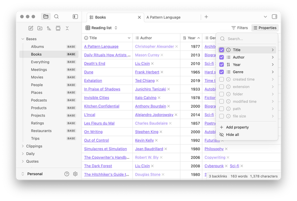 Screenshot of Obsidian 1.9.0 showing a base with a list of books
