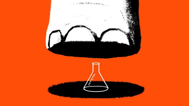 illustration on an orange background featuring a massive black-and-white elephant’s foot poised directly above a small, fragile Erlenmeyer flask