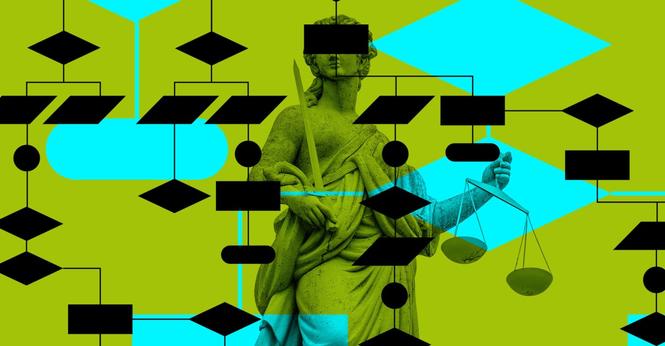 Photo collage of the Lady Justice statue blinded by an algorithm.