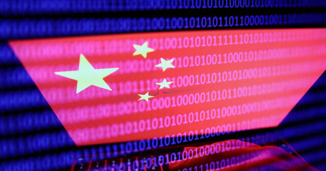 Flag of China displayed on a laptop screen and binary code displayed on a screen are seen in this multiple exposure illustration photo taken in Krakow, Poland on September 27, 2022. (Photo by Jakub Porzycki/NurPhoto via Getty Images)