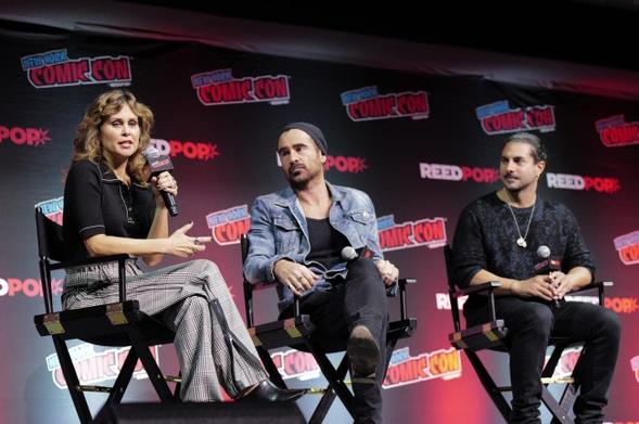 NEW YORK, NEW YORK - OCTOBER 17: (L-R) Lauren LeFranc, 
Colin Farrell and Mike Marino speak onstage during HBO’s THE PENGUIN: Extended Sneak Peek and Conversations with Colin Farrell, Cast and Creatives during New York Comic Con 2024 at The Jacob K. Javits Convention Center on October 17, 2024 in New York City. (Photo by Craig Barritt/Getty Images for ReedPop)
