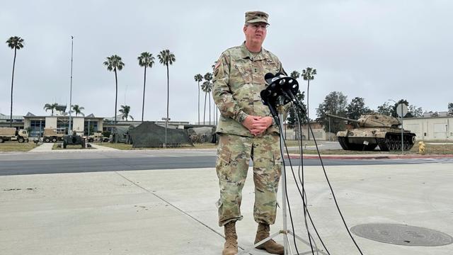 Maj. Gen. Scott Sherman, head of Task Force 51, which is overseeing the deployment of National Guard and Marines to Los Angeles, speaks to reporters Wednesday, June 11, 2025 at the Joint Forces Training Base in Los Alamitos, Calif. (AP Photo/Amy Taxin)