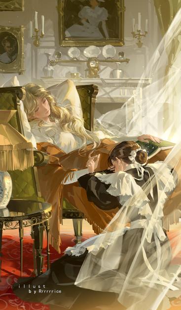 Danbooru tags: 2girls apron artist_name black_dress blanket blonde_hair book brown_hair candle candlestand chair closed_eyes closed_mouth curtains dress fireplace hair_bun highres indoors kneeling long_hair maid maid_apron master_and_servant multiple_girls open_book original painting_(object) picture_frame puffy_sleeves reaching rrr_(reason) scrunchie sitting sleeping table vase victorian victorian_maid waist_apron white_apron white_dress white_scrunchie yuri