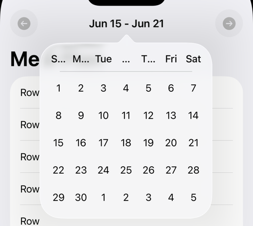 A popover showing a calendar where the date headers ("Mon", "Tue", etc) are truncated.
