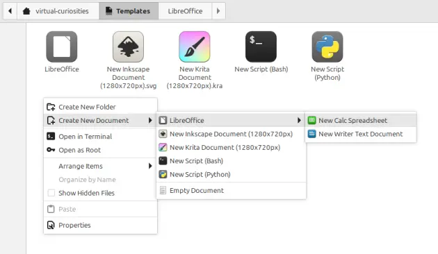 Nemo's context menu with "Create New Document" selected, displaying a submenu full of custom items: LibreOffice (selected) expands into its own submenu with "New Calc Spreadsheet" and "New Writer Text Document" items; "New Inkscape Document (1280x720px)", "New Krita Documenet (1280x720px)", "New Script (Bash)", "New Script (Python)", and "Empty Document".