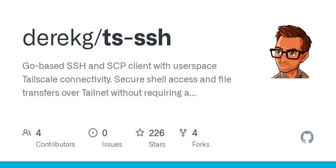 Go-based SSH and SCP client with userspace Tailscale connectivity. Secure shell access and file transfers over Tailnet without requiring a full Tailscale daemon. - derekg/ts-ssh