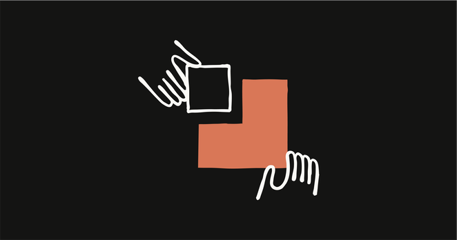 An illustration of two hands holding geometric shapes against a black background