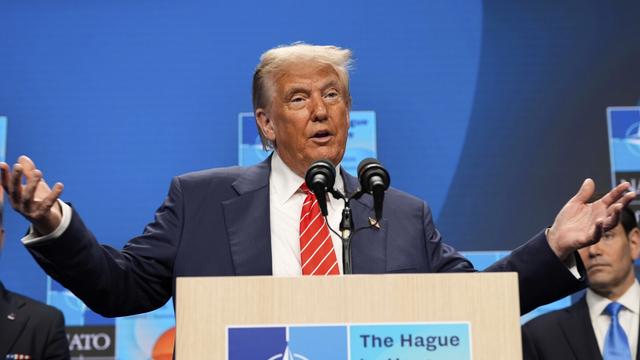 President Donald Trump gestures as he speaks during a media conference at the end of the NATO summit in The Hague, Netherlands, Wednesday, June 25, 2025. (AP Photo/Alex Brandon)