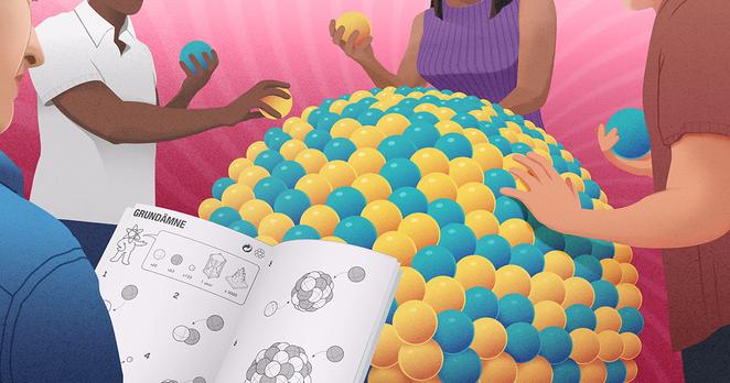 An illustration of people assembling a giant atomic nucleus out of blue and yellow balls by following the steps of an Ikea-style instruction manual.