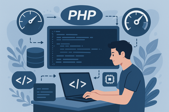 Visual of PHP developers improving performance with tools and metrics like caching, database tuning, and code profiling.