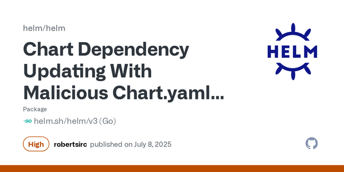 A Helm contributor discovered that a specially crafted `Chart.yaml` file along with a specially linked `Chart.lock` file can lead to local code execution when dependencies are updated.

### Impac...