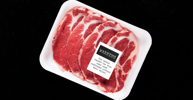 A package of shrink-wrapped meat with a label that reads “The cattle raised for this meat were castrated without pain relief.”