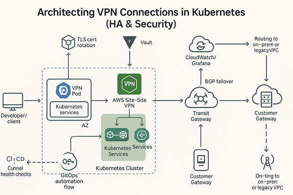 Learn how to architect secure, high-availability VPN connections in Kubernetes using StrongSwan, WireGuard, AWS VPN Gateway, and more. Includes HA design, compliance, routing, CI/CD, and performance tuning.