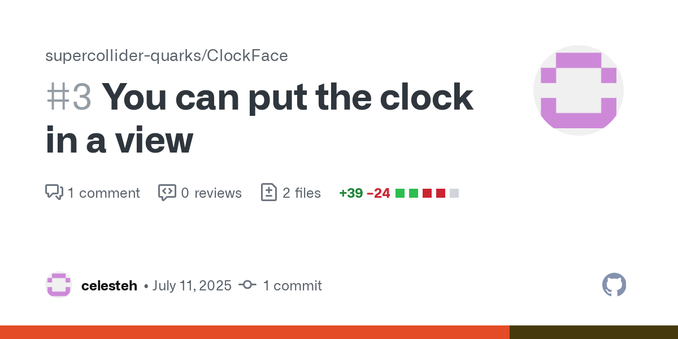 Put the ClockFace in an existing window
`(
w = Window("Test").front;
c = ClockFace(view:View());
w.view.layout = HLayout(
	c
);
c.start;
)`