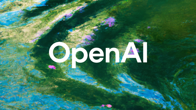 This image shows the OpenAI logo prominently displayed in white text against a vibrant, abstract background. The background features swirling patterns of deep green, turquoise blue, and occasional splashes of purple and pink. The texture resembles a watercolor or digital painting with fluid, organic forms that create a sense of movement across the image. The high-contrast white "OpenAI" text stands out clearly against this colorful, artistic backdrop.