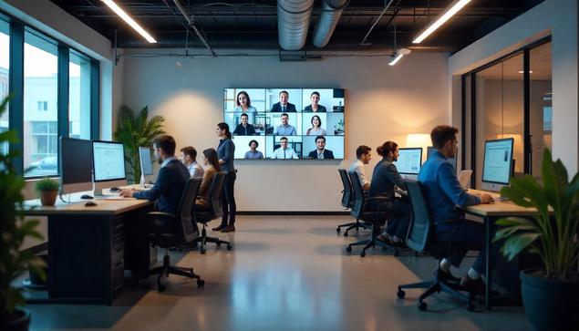Hybrid work model in a modern office with flexible workspaces and remote collaboration tools in 2025