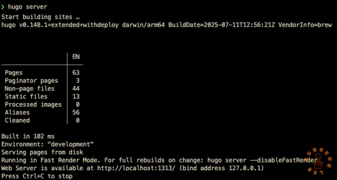 Screenshot of CLI running Hugo server.