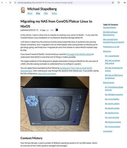 screenshot of my blog post “Migrating my NAS from CoreOS/Flatcar Linux to NixOS”